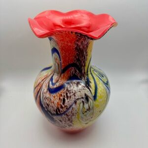 Murano Style Studio Art Glass Vase Red Cased Rim Millefiori Swirl 9”
